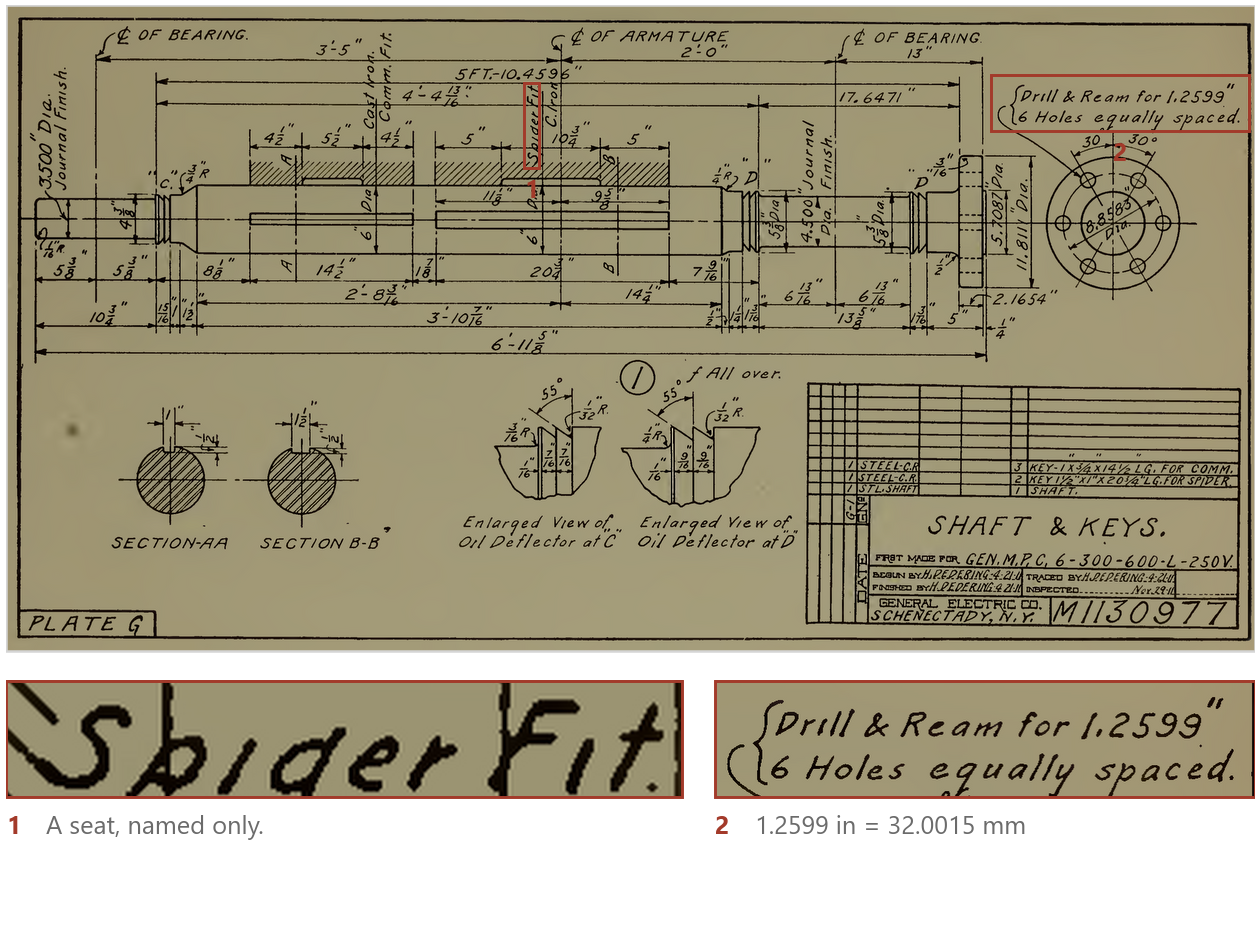 General Electric drawing M1130977, Shaft and Keys, 1910, with the Spider Fit seat label and a 1.2599 inch reaming note called out.